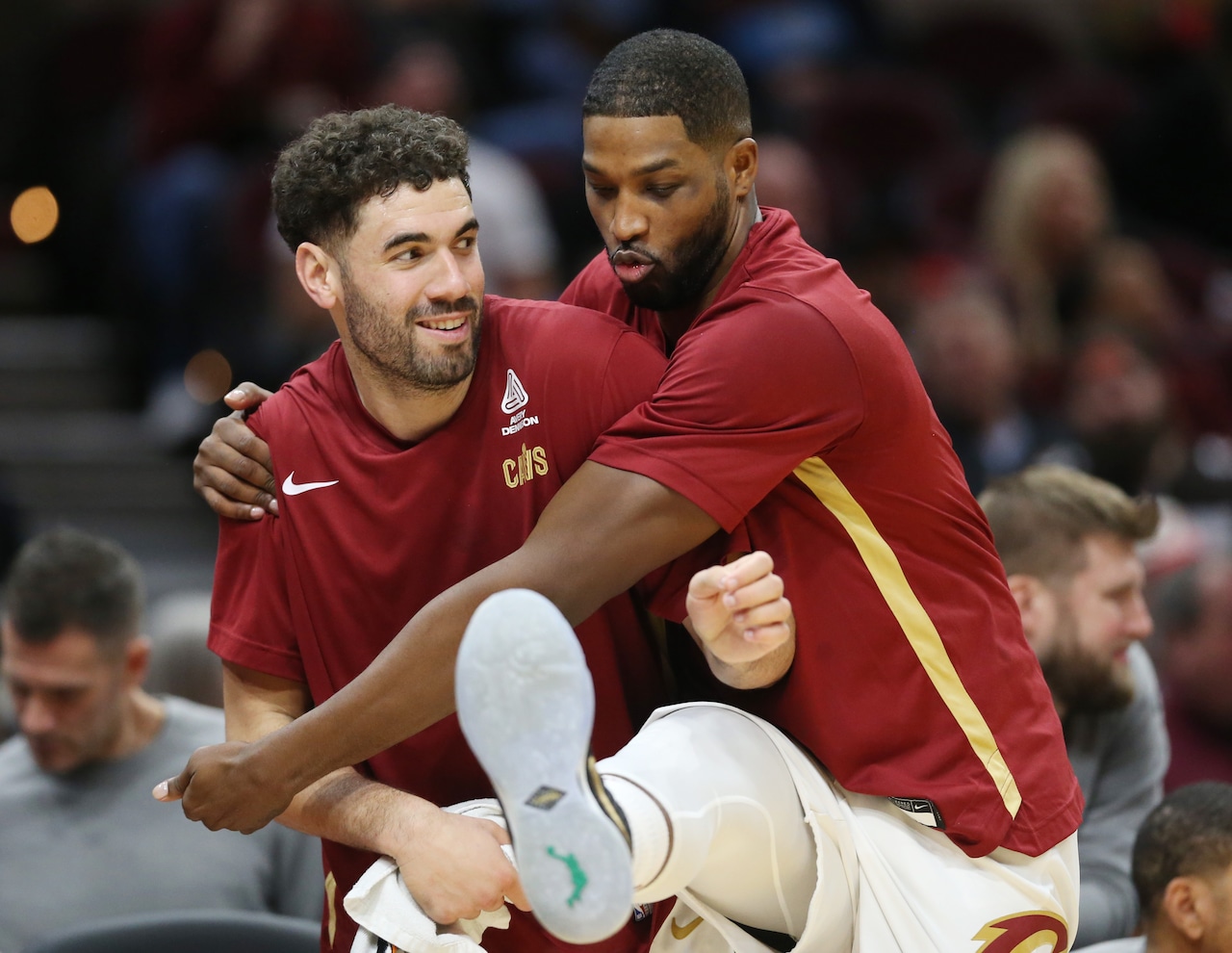 Cleveland Cavaliers center Tristan Thompson (R) and Cleveland Cavaliers forward Georges Niang have some fun celebrating a score