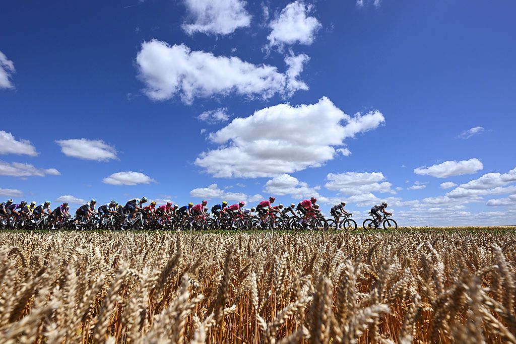 ROUEN, FRANCE - JULY 08: A general view of the peloton passing through a landscape during the 112th Tour de France, Stage 4 a 174.2km stage from Amiens Metropole to Rouen / #UCIWT / on July 08, 2025 in Rouen, France. (Photo by Tim de Waele/Getty Images)