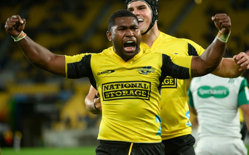 Kini Naholo of the Hurricanes celebrates scoring try during Super Rugby Pacific - Hurricanes v Chiefs at Sky Stadium, Wellington, New Zealand on Saturday 13 April 2024. © Mandatory credit: Elias Rodriguez / www.photosport.nz