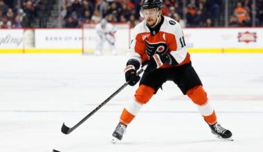 Flyers right wing Travis Konecny finished with his third career hat trick in a 5-3 loss to Columbus on Wednesday night.