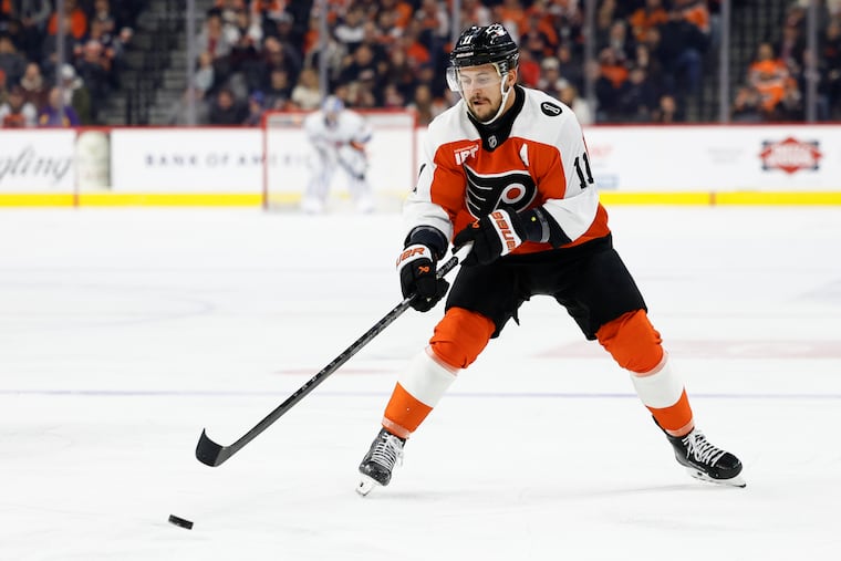Flyers right wing Travis Konecny finished with his third career hat trick in a 5-3 loss to Columbus on Wednesday night.