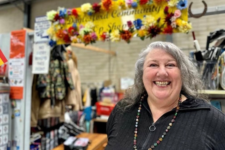 Michelle in the Daylesford Community Op Shop.