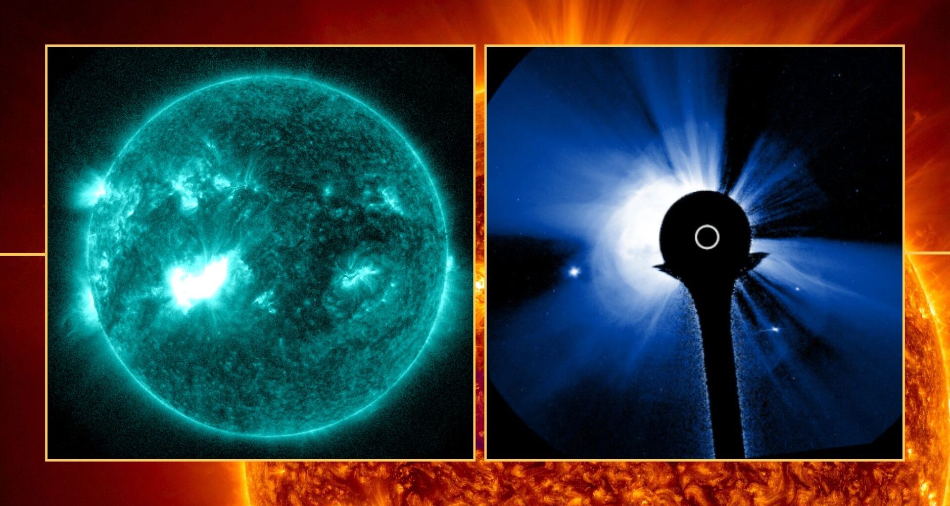 two panel image on the left is the solar flare and on the right is the cme eruption in the background is a close up illustration of the sun.