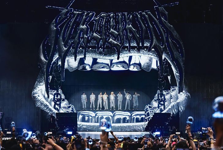 K-pop boy band Stray Kids performs during its “dominATE” world tour at Tottenham Hotspur Stadium in London, July 2025. Courtesy of JYP Entertainment