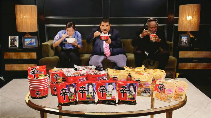 Members of the skit cast of ABC’s “Jimmy Kimmel Live!” eat Shin Ramyun during a segment that aired Monday (local time). Courtesy of Nongshim  