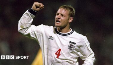 David Batty gees up the crowd during England's European Championship qualifier against Poland at the Legia Stadium in Warsaw on 8 September, 1999