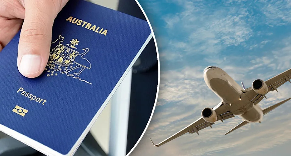 Left: Australian passport. Right: Airborne plane. 