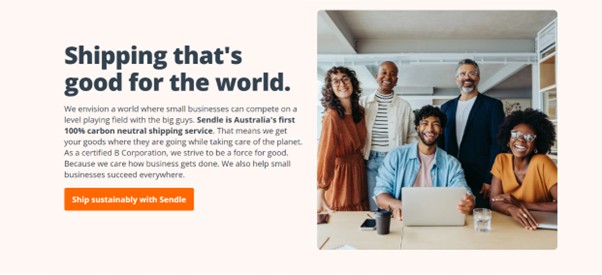 Sendle's website post promoting their carbon neutral shipping service, has five Caucasian, POC men and women smiling.