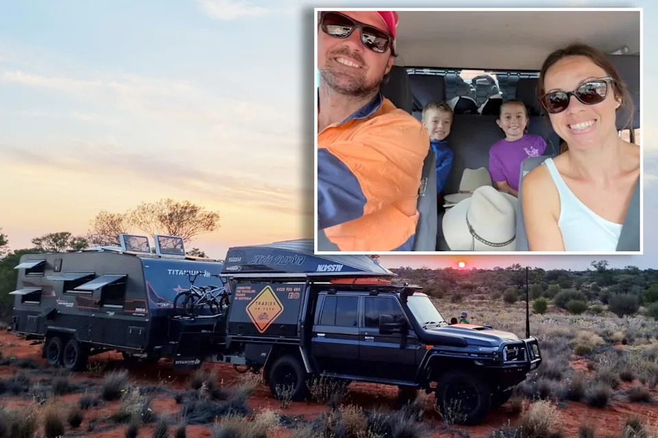 The Inskip's ute and caravan with a picture of them all smiling for a picture in the car (top right).