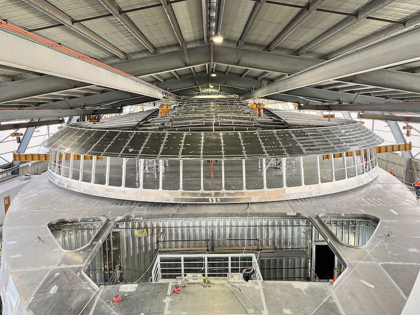 Superstructure of a large ship during construction.