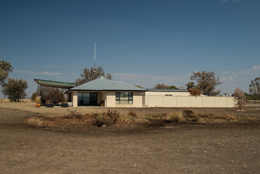 A white home surrounded by blackened land. The sky above is blue.