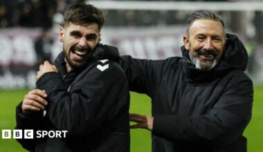 Claudio Braga and Derek McInnes celebrate Hearts' win