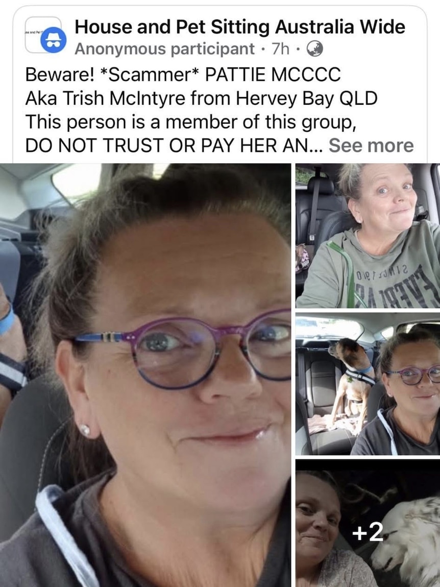 A Facebook warning showing a woman's face, saying "Beware Scammer Pattie Mccc aka Trish McIntyre from Hervey Bay Qld...