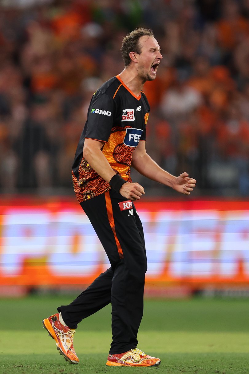 Joel Paris of the Scorchers celebrates the wicket of Luke Wood.