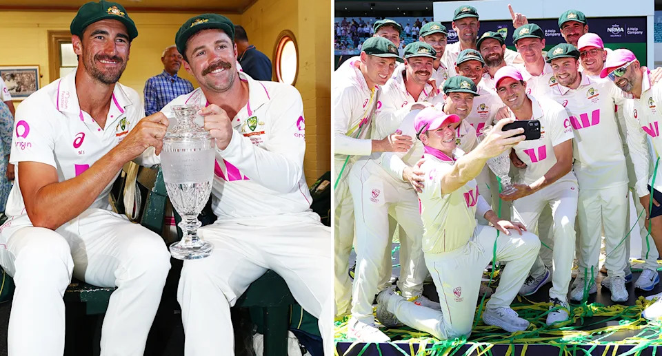 Travis Head, pictured here with Test teammates after Australia's Ashes triumph over England.