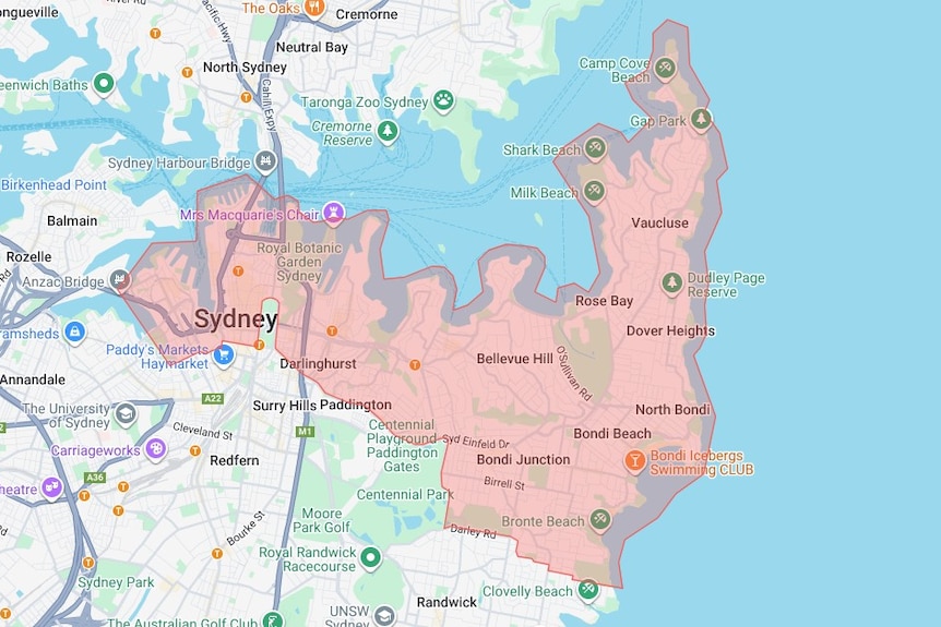 A map of central Sydney with area shaded in red