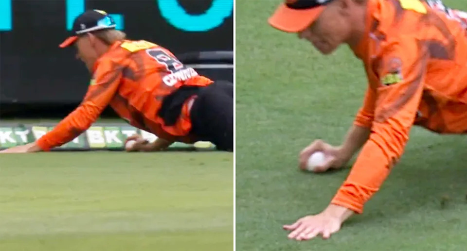 Cooper Connolly, pictured here 'grounding' the ball in the BBL final.