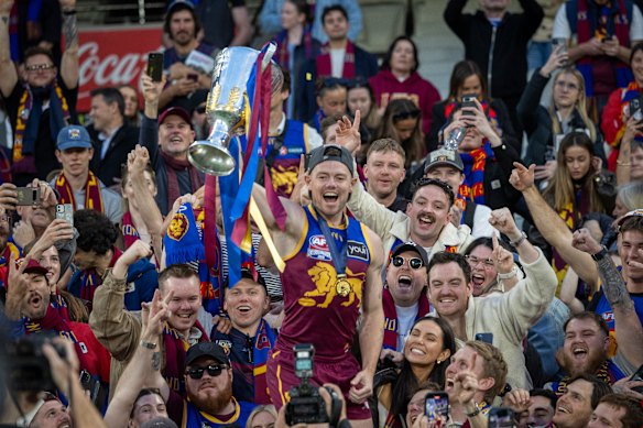 Lachie Neale  celebrates winning the 2025 grand final between Geelong Cats and Brisbane Lions. 
