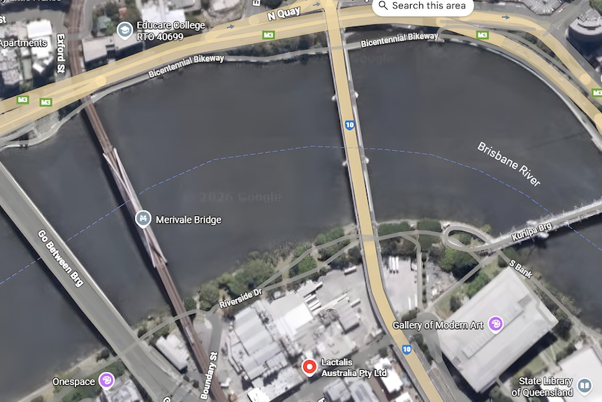 Showing where the factory is in relation to bridges and the Brisbane River.