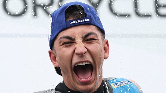Raul Fernandez celebrates his breakthrough win at Phillip Island.