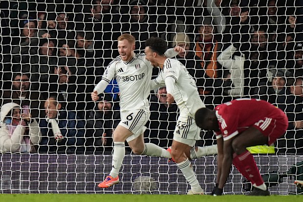Fulham's Harrison Reed celebrates after scoring his side's second goal against Liverpool.