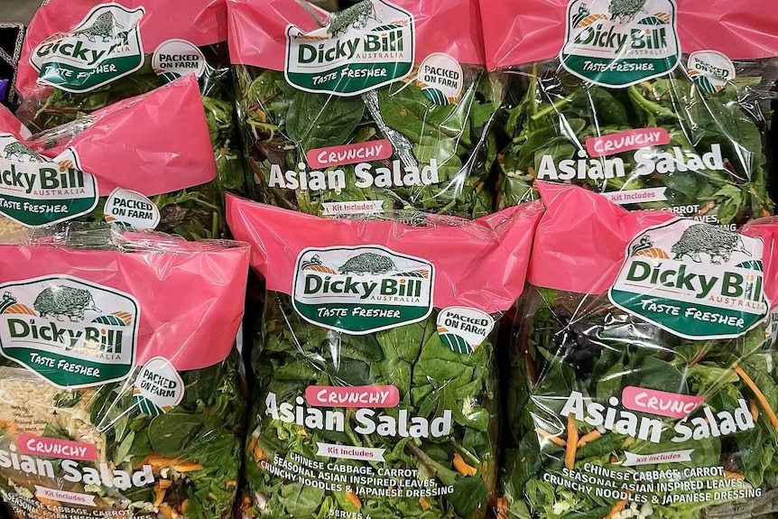 packets of crunchy asian lettuce on a supermarket