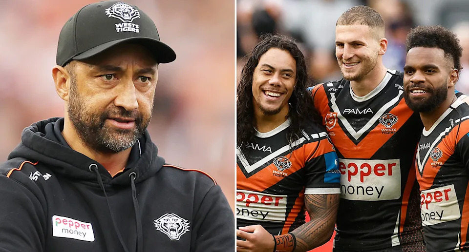Adam Doueihi (right, centre) looks set for a positional switch at the Wests Tigers after training at halfback in pre-season for Benji Marshall's (L) side. Pic: Getty
