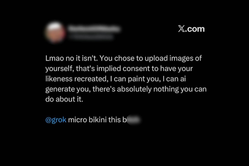 A screenshot from X reads 'micro bikini this b****'.