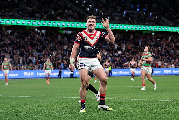 Angus Crichton of the Roosters celebrates after scoring a try.