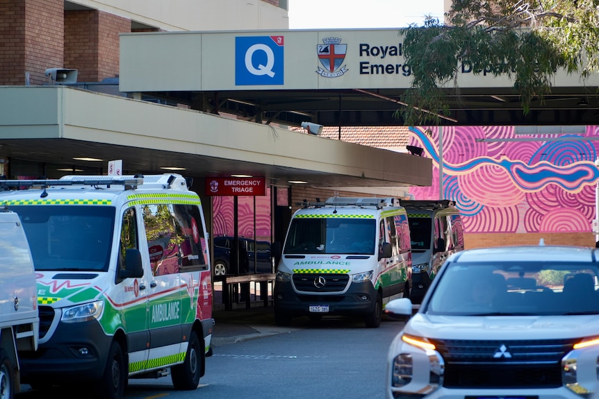 Ambulances parked outside the Royal Perth Hospital emergency department.