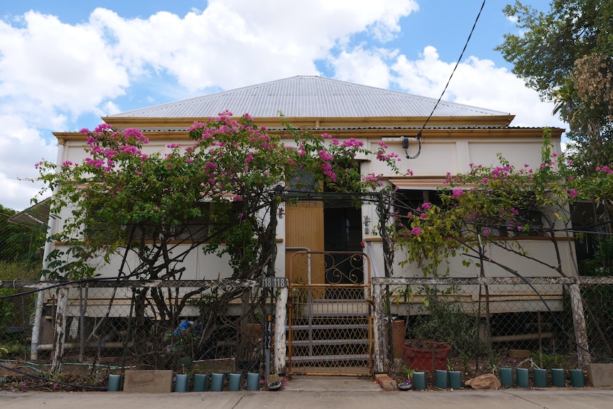 white and yellow 1940's cottage with green and pink vine on the front fence