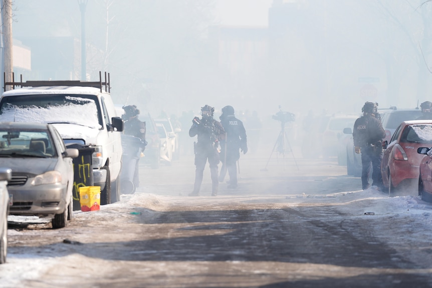 Several agents with masks stand in the street as tear gas fills the air.