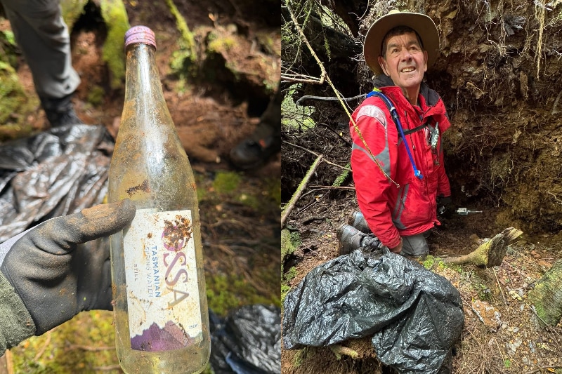 An image of a dirty water bottle and an image of a man holding a garbage bag.