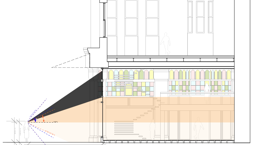 A mock-up of visibility looking into a store with coloured glass.