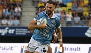 Max Hicks evades a tackle during a match between USA Perpignan and Racing 92
