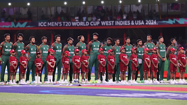 The Bangladesh team stands for the national anthems ahead of their 2024 T20 World Cup super eight clash against Afghanistan.