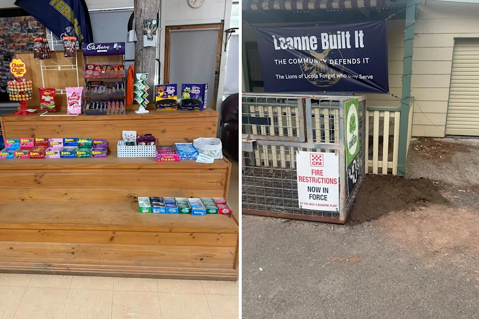 Left, Leanne's dwindling stock in the general store. Right, a sign in front of the store stating 'Leanne built it. The community defends it'.