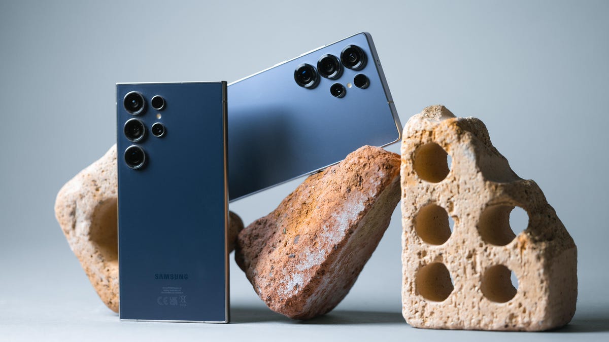 Image of two blue Samsung phones