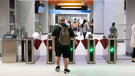 The underground concourse connecting the new State Library station to Melbourne Central.