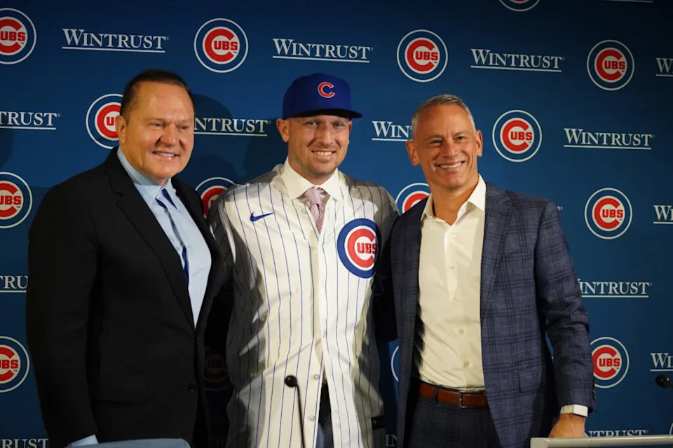 Jan 15, 2026; Chicago, Illinois, USA; L-R Scott Boras, Alex Bergman and Jed Hoyer as Bregman is introduced as a new Chicago Cubs player at a press conference at Wrigley Field. Mandatory Credit: David Banks-Imagn Images