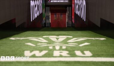 WRU logo on grass in front of doors