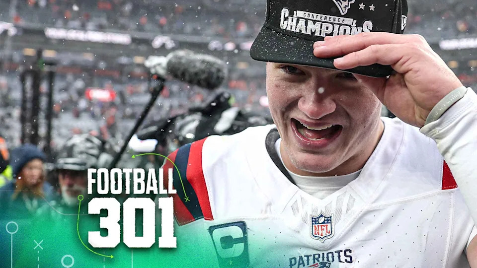 DENVER, COLORADO - JANUARY 25: Drake Maye #10 of the New England Patriots celebrates with teammates on the field following the AFC Championship Playoff game against the Denver Broncos at Empower Field At Mile High on January 25, 2026 in Denver, Colorado. The New England Patriots defeat the Denver Broncos 10-7. (Photo by Matthew Stockman/Getty Images)