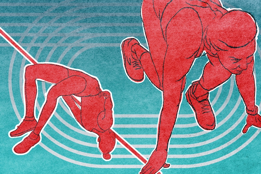 A stylised image with two hand drawn figures of a female high jumper, and a woman preparing to sprint