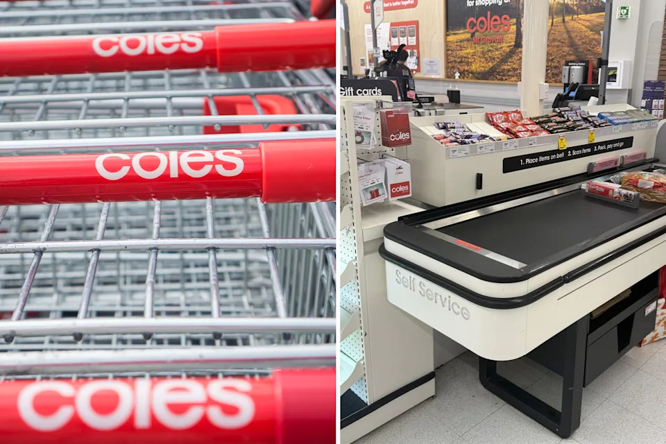Left: A stack of Coles trolleys. Right: A Coles conveyor belt self-service checkout.