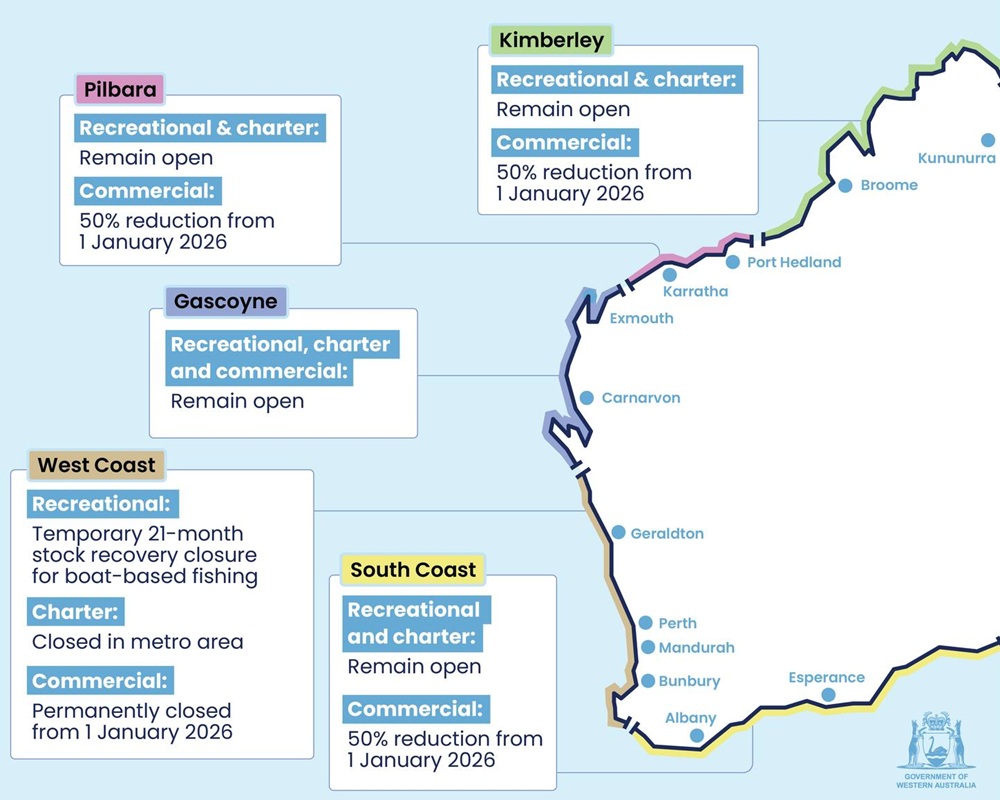 A map showing WA coastline explaining changes to fishing restrictions 