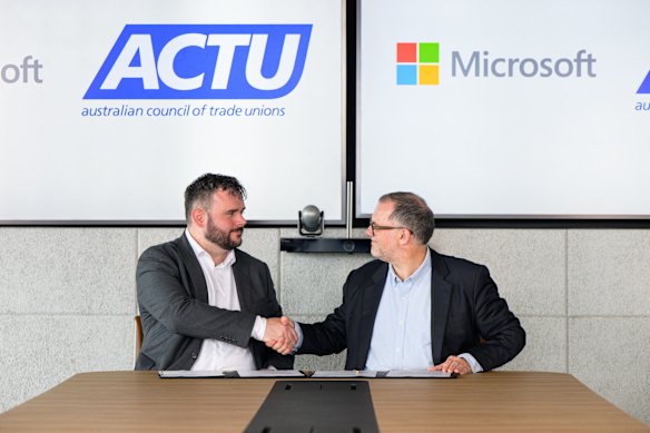 Joseph Mitchell, acting secretary of the Australian Council of Trade Unions (left) met with Steven Miller, area vice president for Microsoft Australia and New Zealand.