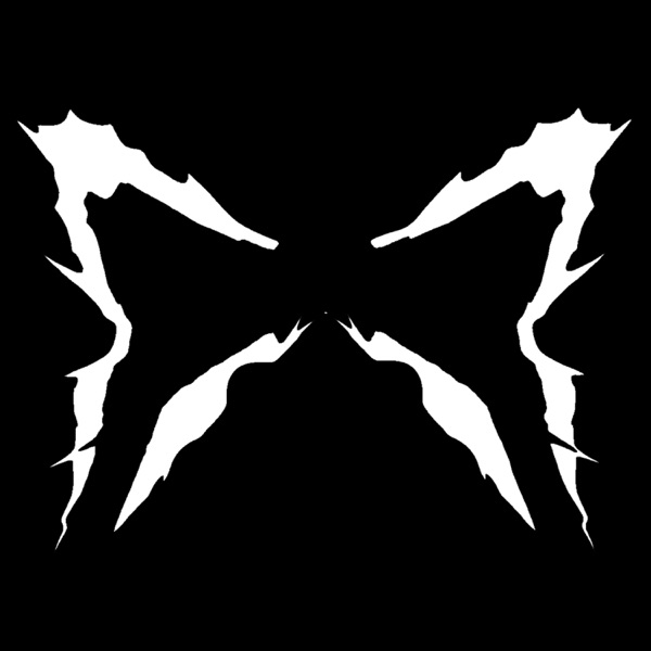 White outline of jagged butterfly wings against black background.