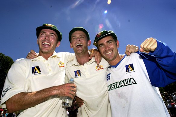 Martyn (left) in his Test-playing days alongside his WA and Australian teammates Adam Gilchrist and Justin Langer.