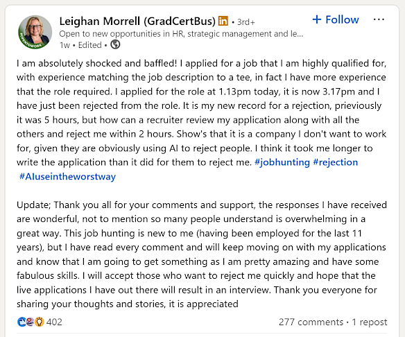 HR professional Leighan Morrell said she suspects she has been screened out by AI in a job application.