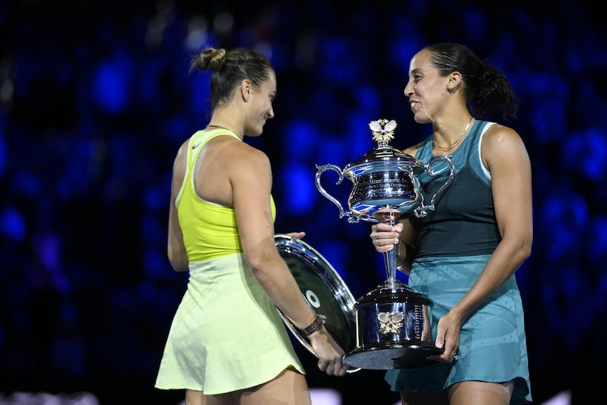 Sabalenka and Keys showing off their trophies at the Aus Open